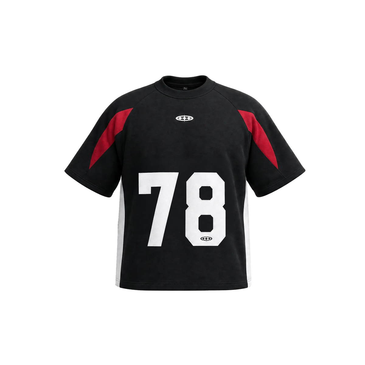 78 Graphic Jersey Tee — front view: black oversized 260gsm jersey, red shoulder strikes, white 78