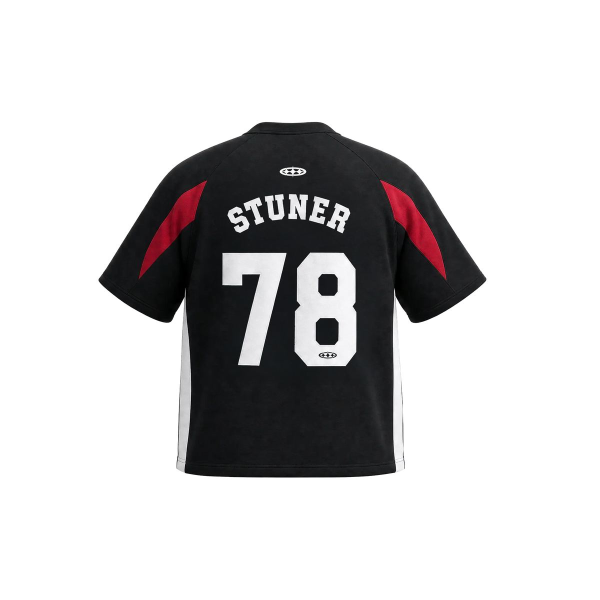 78 Graphic Jersey Tee — back view: arched STUNER lettering over the white 78