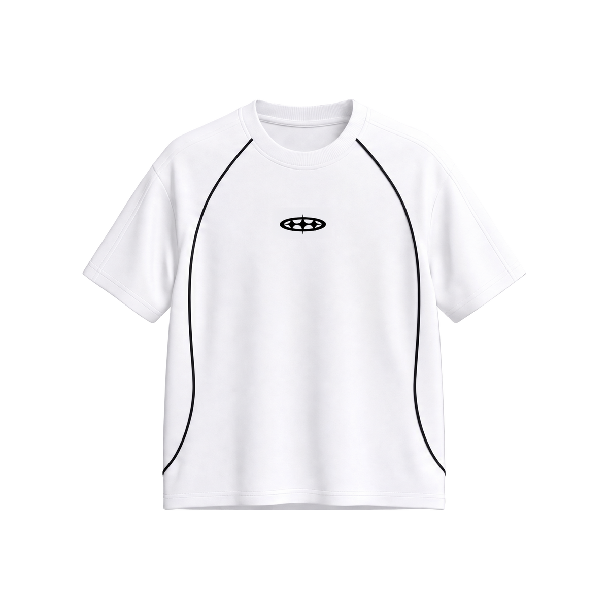 STUNER Slaughter Jersey Tee in white — front view with oval chest emblem and black contrast piping